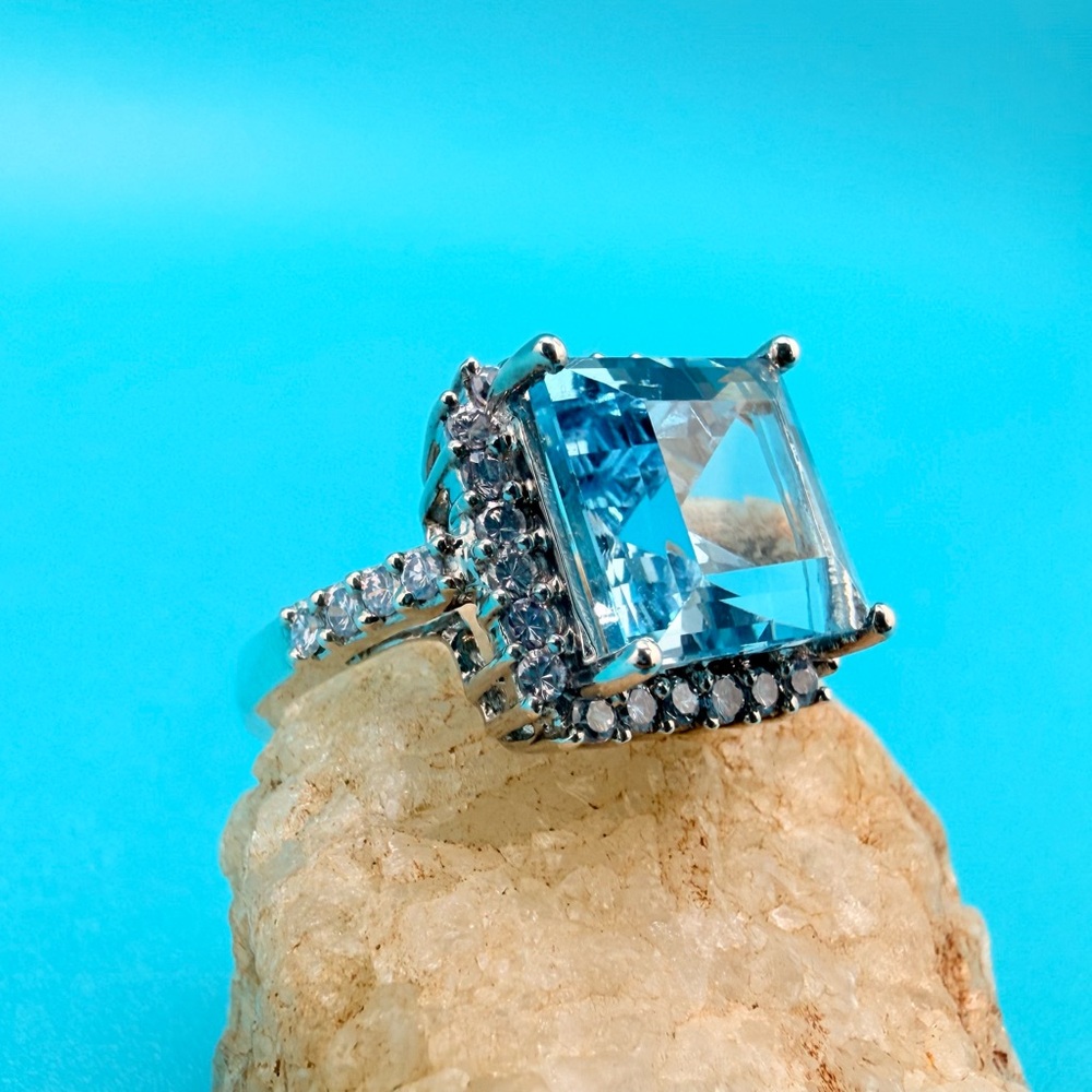 Aquamarine Square Princess Cut Silver 925 Ring
